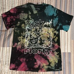 Multicolor tie dyed rick and morty graphic tee shirt